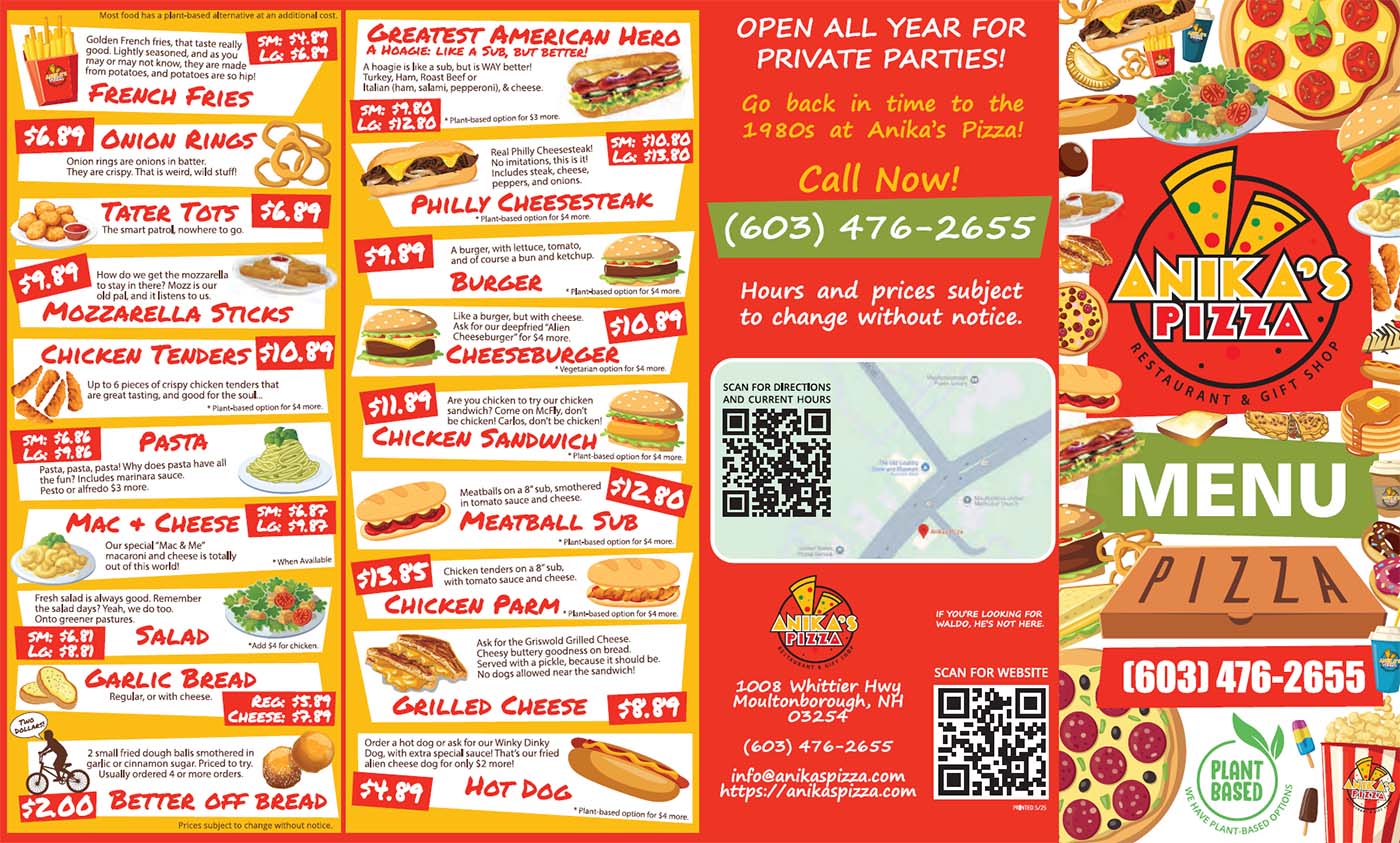 Anika's Pizza Moultonborough NH Menu Page 1